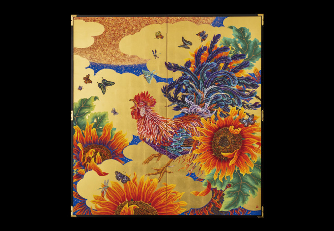 【天日之長鳴鶏】外山寛子　画　～黄金の屏風～